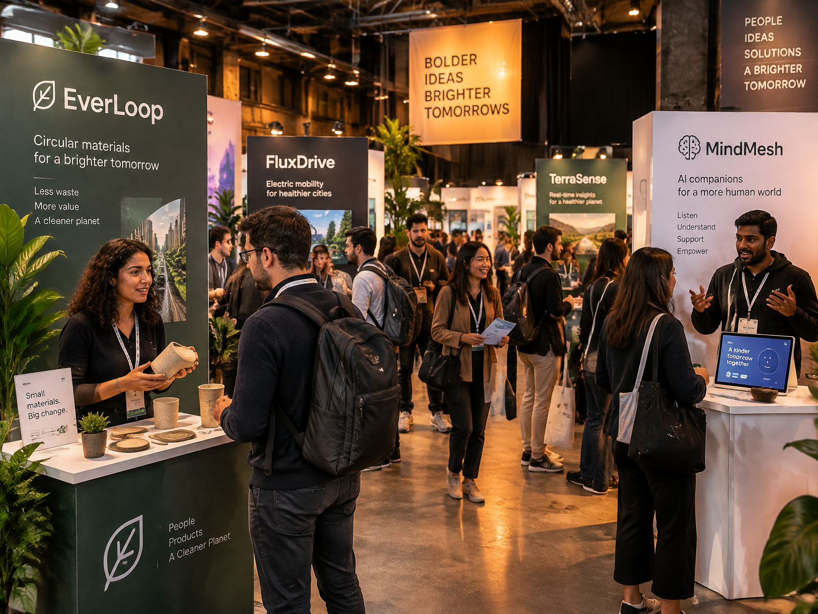 Illustration de Give It a Start Market Day™ : un salon vivant avec plusieurs stands, des entrepreneurs qui présentent et testent leur offre auprès de premiers prospects